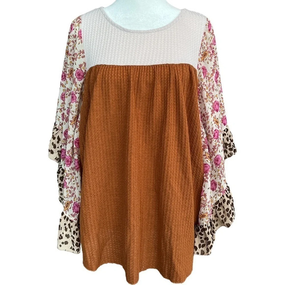 Umgee floral & animal print sleeve top with waffle knit body flowy loose size S - Picture 2 of 8